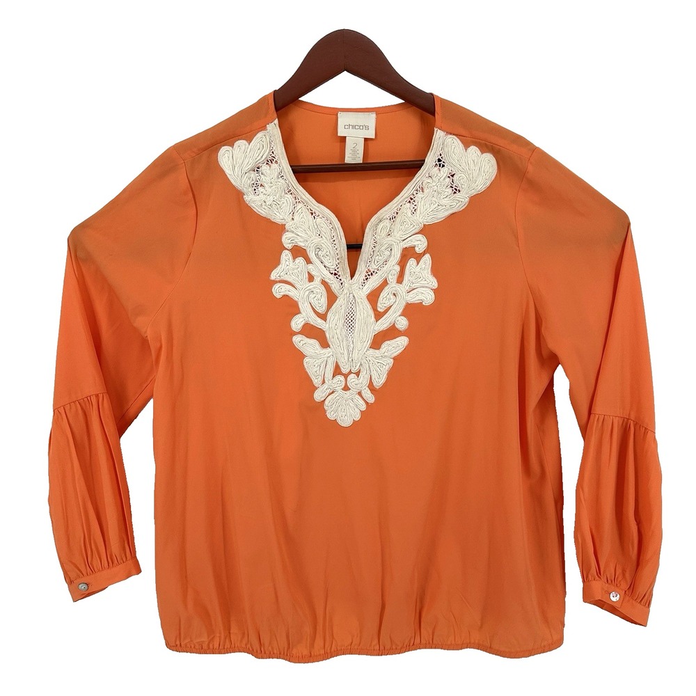 CHICO'S Size 2 Top Light Silky Applique Poet Sleeve Tunic Blouse Standard